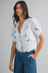 SALMA EMBROIDERED LACE TRIM TIE FRONT TOP