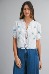 SALMA EMBROIDERED LACE TRIM TIE FRONT TOP