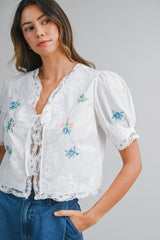 SALMA EMBROIDERED LACE TRIM TIE FRONT TOP
