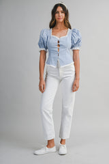 MAVIS PLAID PUFF SLEEVES CONTRAST TOP