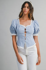 MAVIS PLAID PUFF SLEEVES CONTRAST TOP