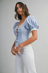 MAVIS PLAID PUFF SLEEVES CONTRAST TOP