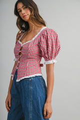 MAVIS PLAID PUFF SLEEVES CONTRAST TOP