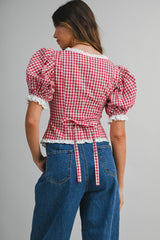 MAVIS PLAID PUFF SLEEVES CONTRAST TOP