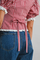 MAVIS PLAID PUFF SLEEVES CONTRAST TOP