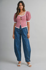 MAVIS PLAID PUFF SLEEVES CONTRAST TOP