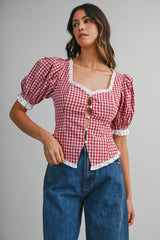 MAVIS PLAID PUFF SLEEVES CONTRAST TOP