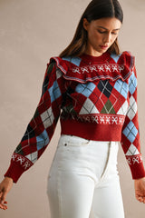 LIANA ARGYLE RUFFLED SWEATER