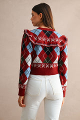 LIANA ARGYLE RUFFLED SWEATER