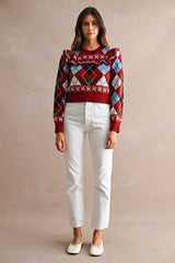 LIANA ARGYLE RUFFLED SWEATER