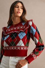 LIANA ARGYLE RUFFLED SWEATER