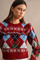 LIANA ARGYLE RUFFLED SWEATER