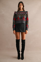 LIANA ARGYLE RUFFLED SWEATER