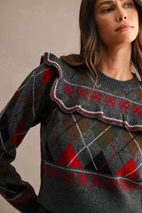 LIANA ARGYLE RUFFLED SWEATER