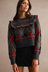 LIANA ARGYLE RUFFLED SWEATER