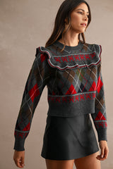 LIANA ARGYLE RUFFLED SWEATER
