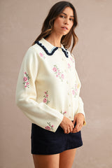 ODETTE EMBROIDERY COLLARED KNIT CARDIGAN TOP