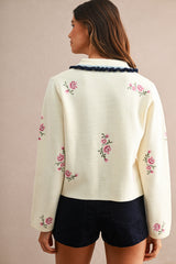 ODETTE EMBROIDERY COLLARED KNIT CARDIGAN TOP