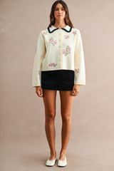 ODETTE EMBROIDERY COLLARED KNIT CARDIGAN TOP
