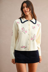 ODETTE EMBROIDERY COLLARED KNIT CARDIGAN TOP