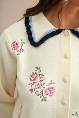 ODETTE EMBROIDERY COLLARED KNIT CARDIGAN TOP