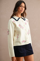 ODETTE EMBROIDERY COLLARED KNIT CARDIGAN TOP