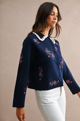 ODETTE EMBROIDERY COLLARED KNIT CARDIGAN TOP