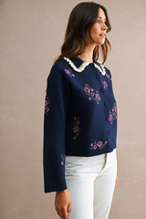 ODETTE EMBROIDERY COLLARED KNIT CARDIGAN TOP