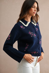 ODETTE EMBROIDERY COLLARED KNIT CARDIGAN TOP