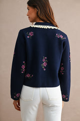 ODETTE EMBROIDERY COLLARED KNIT CARDIGAN TOP