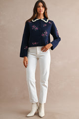ODETTE EMBROIDERY COLLARED KNIT CARDIGAN TOP