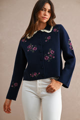 ODETTE EMBROIDERY COLLARED KNIT CARDIGAN TOP