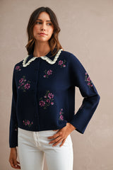 ODETTE EMBROIDERY COLLARED KNIT CARDIGAN TOP