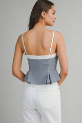 AVALON GINGHAM PLAID CONTRAST PEPLUM TOP