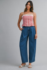 AVALON GINGHAM PLAID CONTRAST PEPLUM TOP