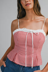 AVALON GINGHAM PLAID CONTRAST PEPLUM TOP