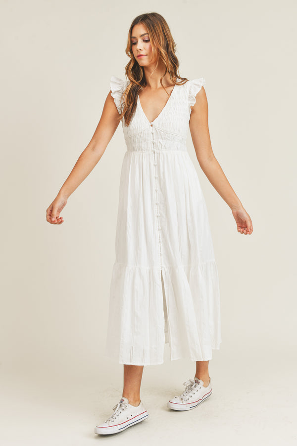 GRACELYN RUFFLE SLEEVELESS MIDI DRESS