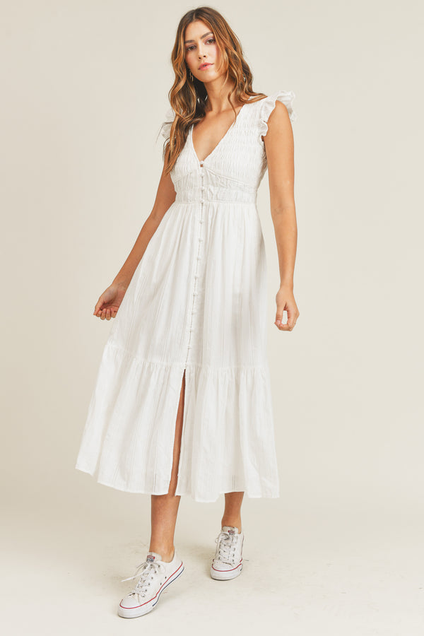 GRACELYN RUFFLE SLEEVELESS MIDI DRESS