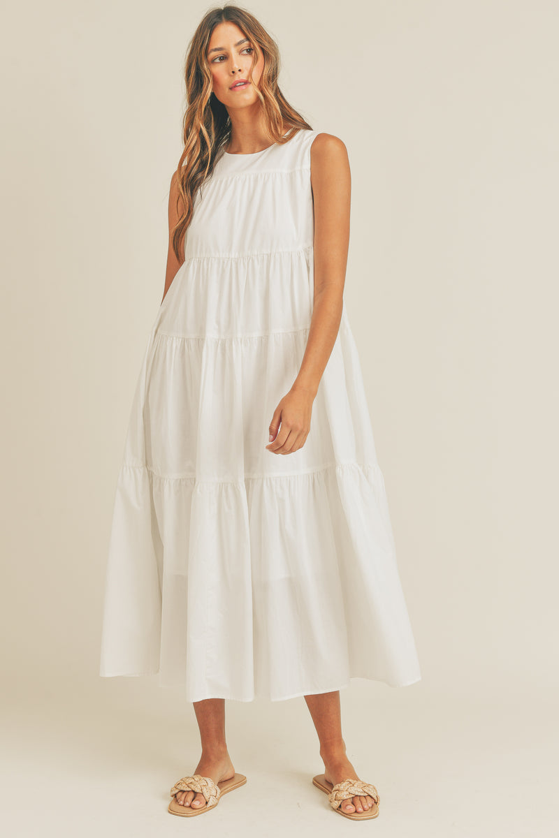 AMARI TIERED SLEEVELESS MIDI DRESS