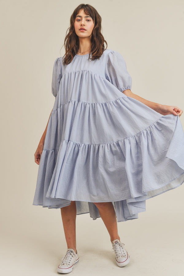 MICAH TIERED PUFF SLEEVE MIDI DRESS