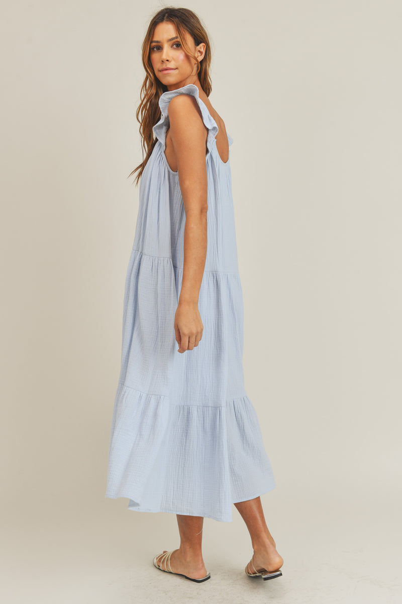 JAYLAH RUFFLE SHOULDER MIDI DRESS