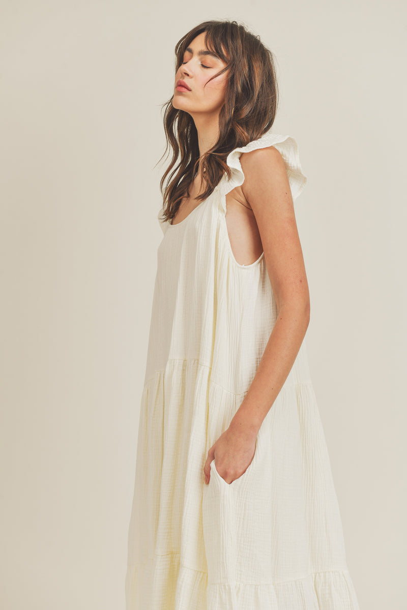 JAYLAH RUFFLE SHOULDER MIDI DRESS