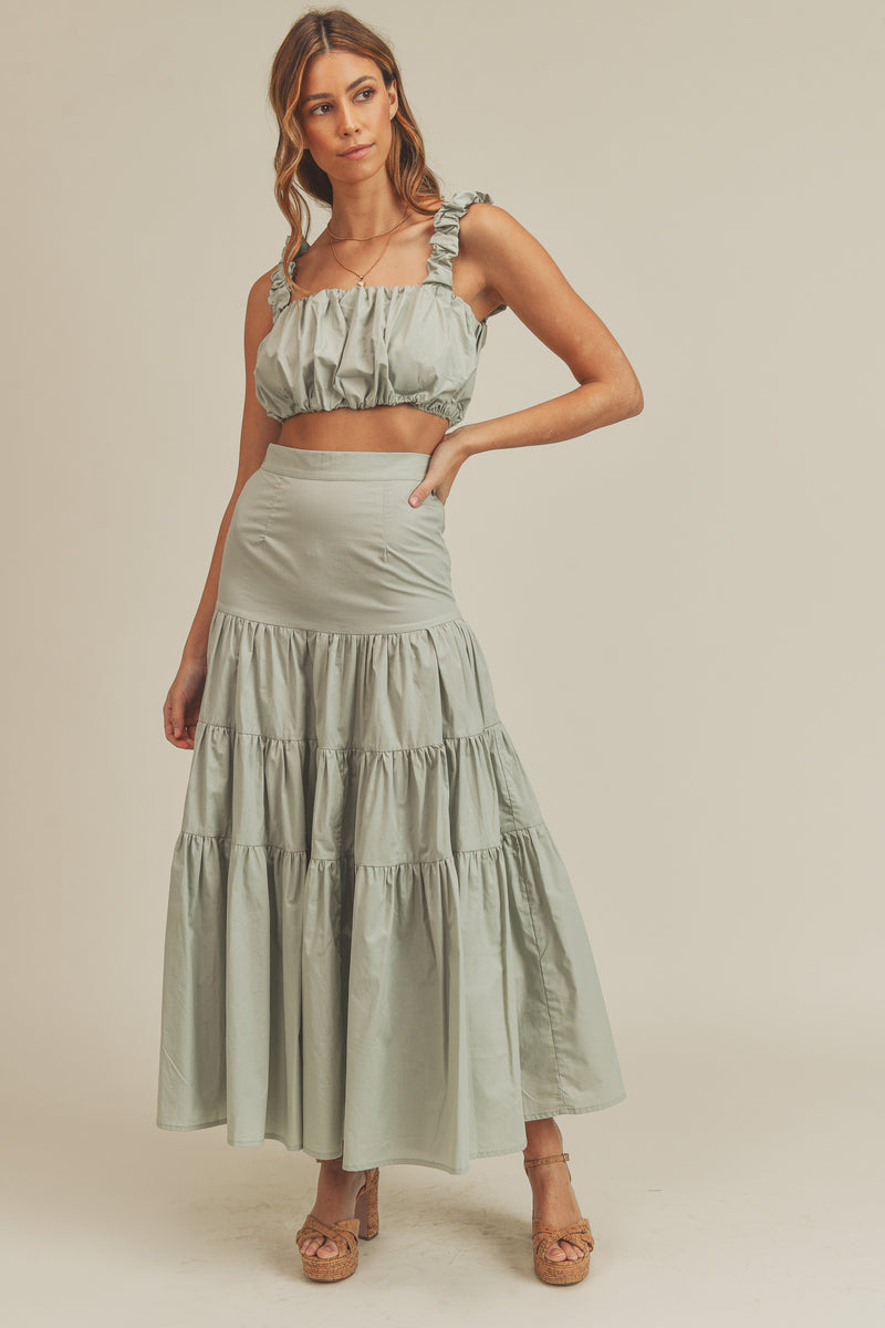 ZARIA RUCHED CROP TOP & MAXI TIERED SKIRT