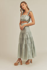 ZARIA RUCHED CROP TOP & MAXI TIERED SKIRT