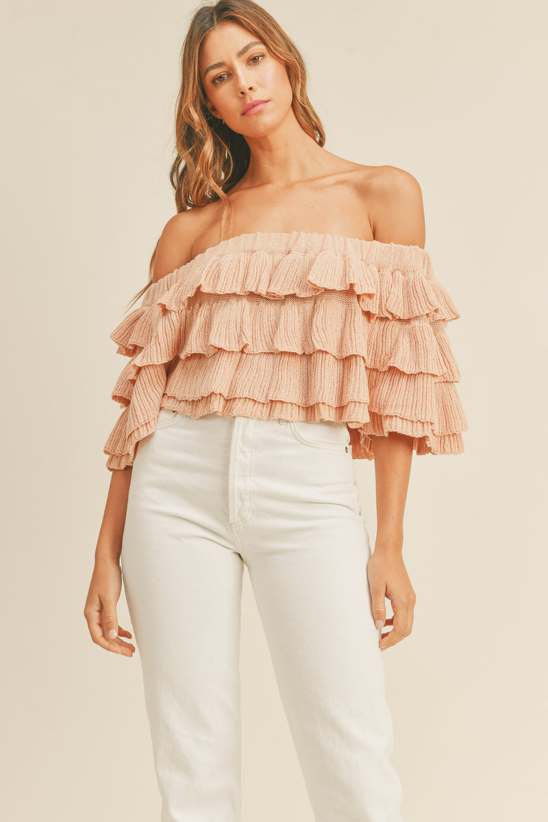AMORA RUFFLE OFF SHOULDER KNIT TOP – Mable Clothing